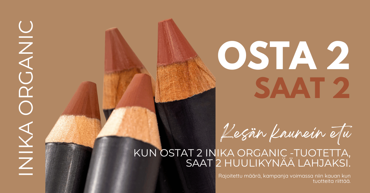 Kolme huulikynää, joissa on värilliset kärjet, taustalla teksti “OSTA 2 SAAT 2” ja “Kesän kaunein tuote”.